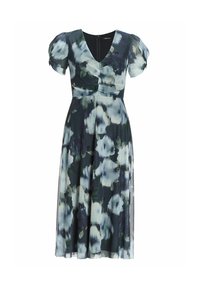 Robe midi florale dans des teintes de vert foncé, bleu et blanc ; elle présente des manches courtes bouffantes, un décolleté rond et une taille froncée.