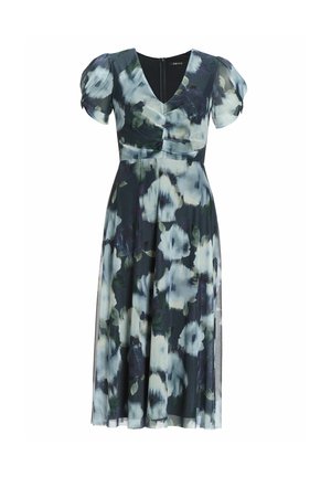 Robe midi florale dans des teintes de vert foncé, bleu et blanc ; elle présente des manches courtes bouffantes, un décolleté rond et une taille froncée.