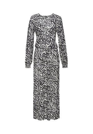 Langes schwarzes und weißes Kleid mit einem fließenden Muster, langen Ärmeln, rundem Ausschnitt und elastischem Bund; aus leichtem Stoff gefertigt.
