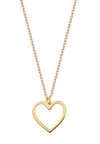 Złoty wisiorek w kształcie serca zawieszony na cienkim złotym łańcuszku. Wisiorek ma otwarty design, ukazujący gładką, błyszczącą powierzchnię oraz delikatne ogniwa.