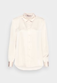 Blouse crème en tissu lisse avec un col classique, fermeture à boutons et manches longues avec poignets en satin. Ourlet arrondi.