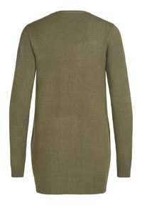 Olive green knitted sweater, long sleeves, crew neck, ribbed cuffs and hem, soft texture, plain design with no visible patterns or hardware.