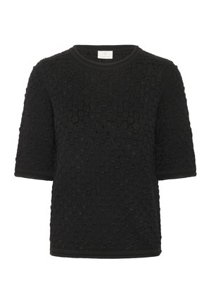 Maglione nero a maniche corte con motivo texture, scollatura rotonda e rifiniture a contrasto. Il tessuto sembra morbido con un design a maglia.