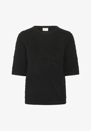 Fekete, rövid ujjú pulóver textúrált mintával, kerek nyakkivágással és kontrasztos díszítéssel. Az anyag puhanak tűnik, kötött dizájnnal.