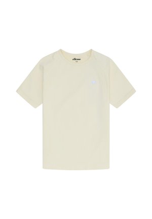 Krém színű rövid ujjú póló kerek nyakkivágással, bal oldali mellrészen kis kék Ellesse logóval, és a márkanévvel a gallér belsejében nyomtatva.