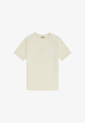 Krém színű rövid ujjú póló kerek nyakkivágással, bal oldali mellrészen kis kék Ellesse logóval, és a márkanévvel a gallér belsejében nyomtatva.