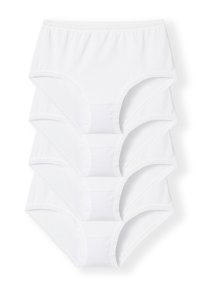 Culottes en coton blanc avec une taille haute, texture lisse et dentelle délicate le long de la ceinture. Ensemble de quatre.