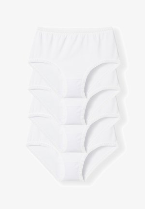 White cotton panties featuring a high-waisted design, smooth texture, and delicate lace trim along the waistband. Set of four.