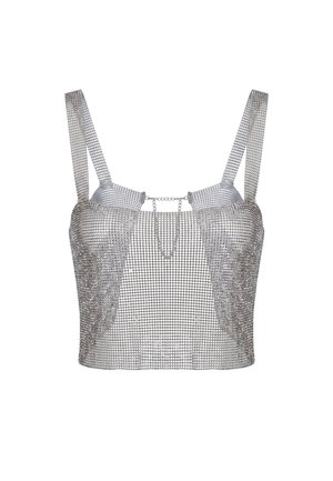 Sølv kæderust crop top med tynde stropper og en lille kædedetalje, der forbinder brystområdet foran.