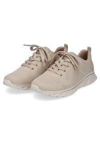 Bežid kootud spordijalatsid ümmardatud varbaga, paeltega ees, tekstuurse kangaga ja peene triibumustriga. Omab pehmet tallamaterjali ja seljatuge.