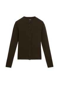 Brown ribbed cardigan with long sleeves, round neckline, and button front closure. Soft texture, fitted design, and subtle detailing.