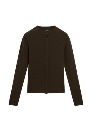Brown ribbed cardigan with long sleeves, round neckline, and button front closure. Soft texture, fitted design, and subtle detailing.