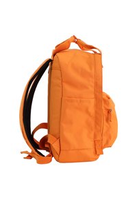Orange backpack with a rectangular shape, made of durable fabric, featuring adjustable straps, side pocket, and reinforced stitching.
