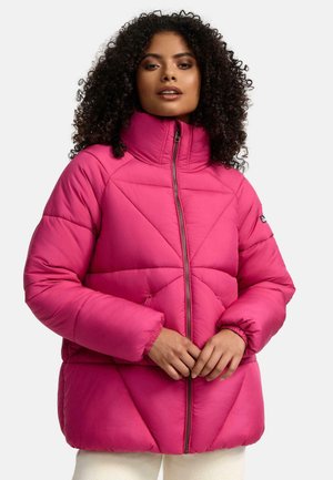 Rosa Puffermantel mit hohem Kragen, diagonaler Steppung und Reißverschluss vorne. Verfügt über elastische Bündchen und ein lässiges Design.