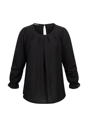 Zwarte blouse met lange mouwen en een ronde halslijn, plooien aan de voorkant en gathered manchetten. Zacht, geweven stof; sleutelgatdetail aan de achterkant.
