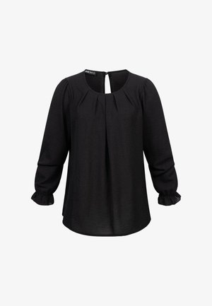 Juoda ilga rankovė palaidinė su apvaliu iškirpimu, klostėmis priekyje ir raukšlėmis ant rankogalių. Minkšta, tekstūrinė medžiaga; detalė su skylute nugarinėje pusėje.