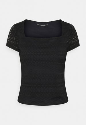 Black short-sleeve lace top with square neckline and geometric patterned fabric showing subtle texture and transparency on sleeves.