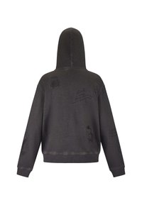 Sudadera con capucha gris de tela texturizada. Presenta un león bordado y otros diseños, con frases en la parte trasera. Corte holgado, mangas largas.