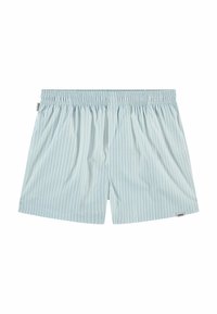 Boxers à rayures bleu clair avec une ceinture élastiquée, fabriqués en tissu doux, dotés d'un petit logo en bas à droite.