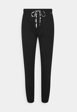 Black jogger pants made of soft fabric, featuring an elastic waistband with a drawstring and tapered legs. No visible patterns or accents.