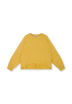 Sweat-shirt jaune à manches longues avec col rond, logo en relief subtil sur le devant, et ourlet arrière légèrement plus long.