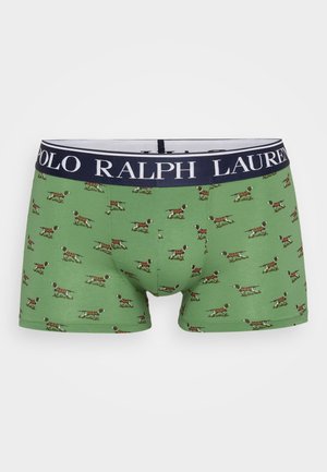 Boxer verde con motivo di cani ripetuto. Vita elastica in blu navy con testo "POLO RALPH LAUREN". Tessuto morbido ed elastico.