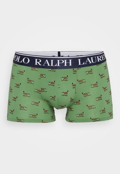 Zelene bokserice s ponavljajućim uzorkom pasa. Elastična waistband u mornarskoj boji s natpisom "POLO RALPH LAUREN". Mekana, rastezljiva tkanina.