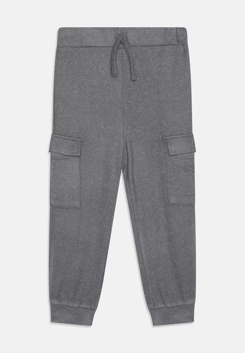 Gray cargo pants made of soft fabric, featuring an elastic waistband with drawstring, two side cargo pockets, and ribbed ankle cuffs.