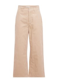 Pantalon large en velours côtelé beige avec taille haute, doté d'une fermeture à un bouton et d'une texture côtelée verticale.
