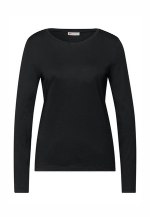Černé tričko s dlouhým rukávem z hladké látky, s kulatým výstřihem a přiléhavým střihem. Nejsou viditelné žádné vzory ani ozdoby.