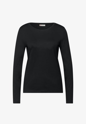 Czarna, długorękawowa koszulka wykonana z gładkiej tkaniny, z okrągłym dekoltem i dopasowanym krojem. Nie widoczne są żadne wzory ani ozdoby.