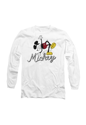 Long-sleeve white t-shirt featuring a cartoon design of a character, red shorts, yellow shoes, and the word "Mickey" in a playful font.