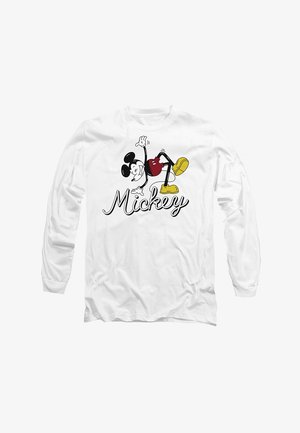 Long-sleeve white t-shirt featuring a cartoon design of a character, red shorts, yellow shoes, and the word "Mickey" in a playful font.
