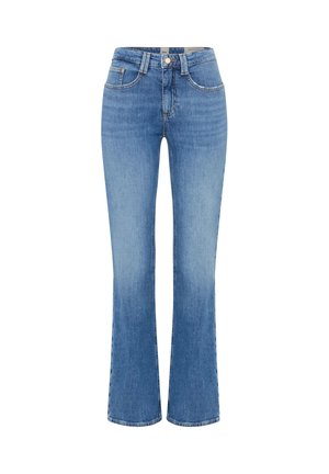 Blauwe hoge taille spijkerbroek met voorzakken, riemlussen, knoop- en ritssluiting en licht uitlopende pijpen.