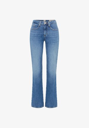 Blauwe hoge taille spijkerbroek met voorzakken, riemlussen, knoop- en ritssluiting en licht uitlopende pijpen.