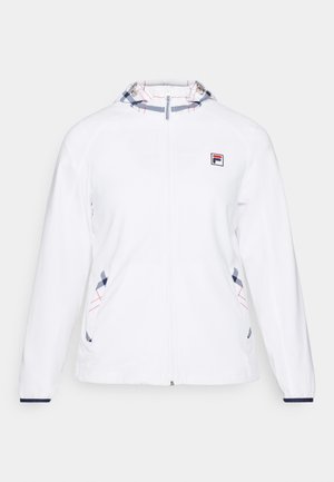 Chaqueta blanca con cremallera completa, que presenta una capucha con patrón en azul y rojo. Incluye un logo en el pecho y costuras decorativas a los lados.