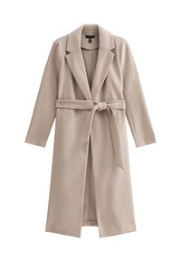 Beige lång kappa i slät tyg, med notched krage, bälte i midjan och öppen front, långa ärmar och en strömlinjeformad design.