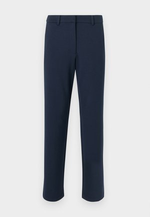 Navy trousers made from a smooth fabric, featuring a straight cut, belt loops, and front pockets, with a clean, minimalistic design.