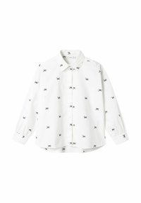 Camisa blanca de manga larga hecha de tela ligera con bordado de lazo azul marino en la parte delantera, cuello clásico y cierre de botones.