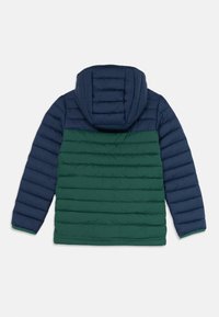 Navy and dark green quilted jacket with hood, long sleeves, and horizontal stitching, shown from back on white background.