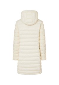 Bílý vyp padded kabát s kapucí, s horizontálně prošívanými sekcemi a dlouhými rukávy. Měkká textura a délka ke kolenům.