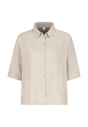 Beiges kurzärmliges Hemd mit Knopfleiste, einer Brusttasche vorne und klassischem Kragen, dargestellt auf weißem Hintergrund.