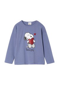 Light purple long-sleeve sweatshirt made of cotton with a front graphic of a cartoon dog holding a red heart and the text "Snoopy" below.