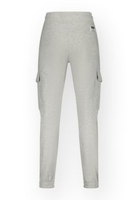 Light gray cargo pants made of soft fabric, featuring an elastic waistband, two side pockets, and a tapered leg design.