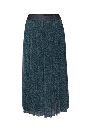 Jupe mi-longue vert sarcelle foncé à plis avec un motif subtil imprimé zèbre, dotée d'une ceinture noire avec un texte embossé.