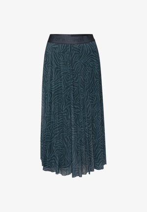 Jupe mi-longue vert sarcelle foncé à plis avec un motif subtil imprimé zèbre, dotée d'une ceinture noire avec un texte embossé.