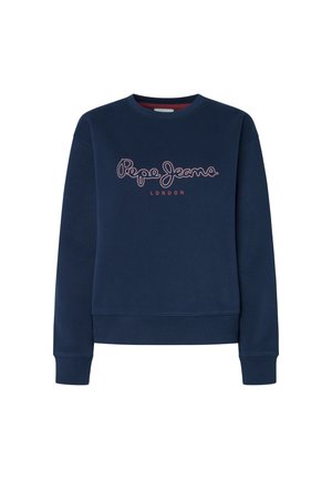 Sweat-shirt bleu marine en tissu doux avec un col rond, présentant un logo distinctif "Pepe Jeans LONDON" en lettres cursives blanches et rouges.