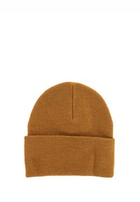 Gorro de punto en color mostaza, con una textura suave, diseño ajustado y vuelta doblada para un ajuste regulable.