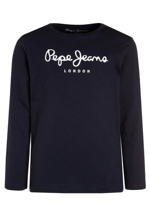 Navyblå langærmet skjorte med "Pepe Jeans London" trykt i hvidt over brystet.