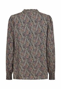 Halenka s dlouhým rukávem s vícebarevným vzorem paisley na tmavém pozadí, měkká látka, límečkový výstřih a nařasené manžety.
